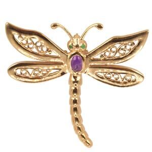 Vintage JCF 14k Yellow Gold Cabochon Emerald Amethyst Large Dragonfly Brooch Pin